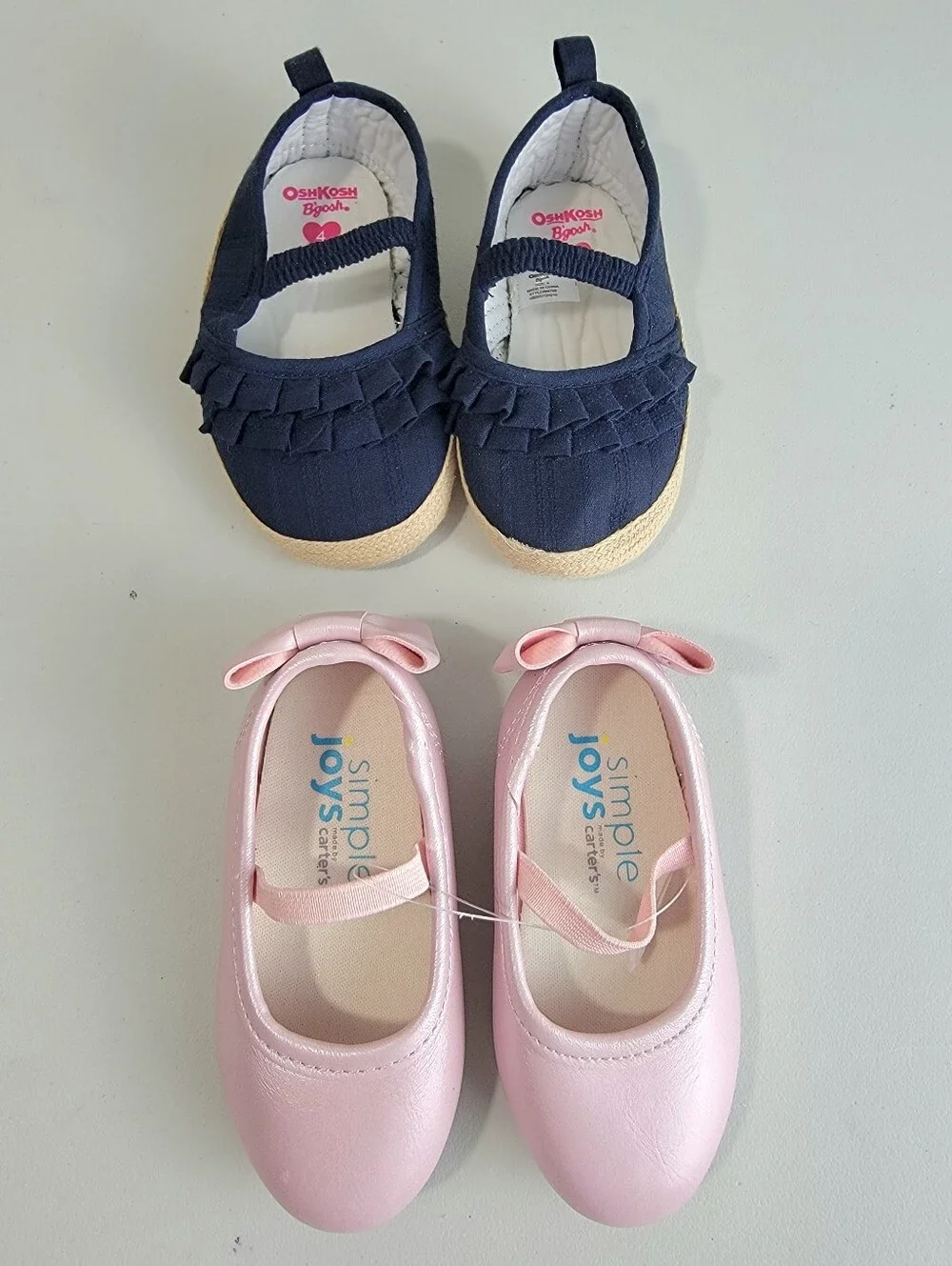 Lot of 2 Pairs Slip On Toddler Shoes Size 4 Carter's Ballet Flat W/ Bow, OshKosh